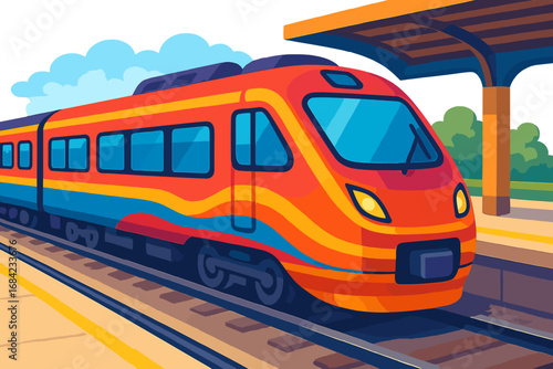 Unique colorful train designs showcasing dynamic perspectives at a vibrant station during the day, vector cartoon illustration with transparent background