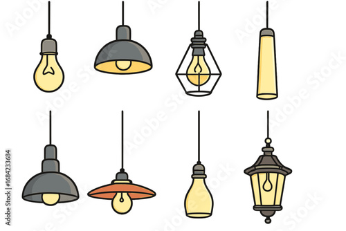 Set of hanging pendant lights. Collection of various ceiling lamps and lightbulbs. Vector illustration of modern, industrial, and retro light fixtures for interior design.