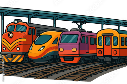 Unique colorful train designs showcasing diverse perspectives at a station during the day, vibrant vector cartoon illustration of modern locomotives and rail cars with transparent background