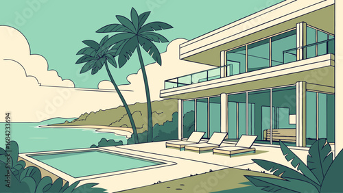 Modern Tropical Beach House with Infinity Pool and Palm Trees Illustration.