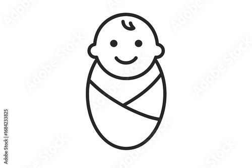 Minimalistic cartoon baby swaddled and smiling, newborn infant icon, childcare concept, baby care illustration for web, app, banner and social media design transparent background