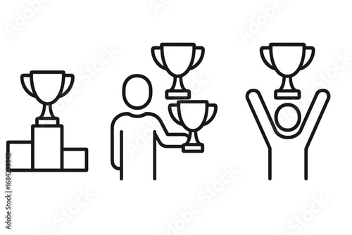 Trophy ceremony outline icon set. Winner on pedestal, presenter with award cup. Success and victory in competition. Achievement concept. Champion celebration vector illustration.