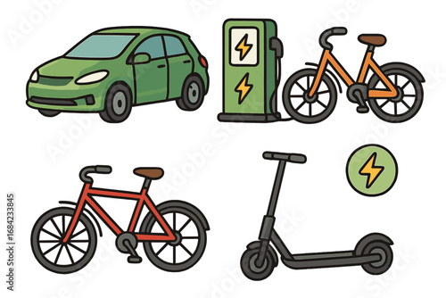 Set of modern eco transportation icons. Electric car, e-bike, scooter and bicycle. EV charging station. Green energy and sustainable urban mobility concept. Vector illustration.