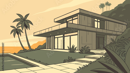 Modern Tropical House Illustration Sunset Ocean View Minimalist Architecture Swimming Pool Palm Trees Vacation Home Design.