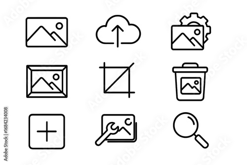 Photo management line icon set. Image gallery, picture tools, and photo editing outline collection. Vector icons for upload, crop, settings, delete, search and add.