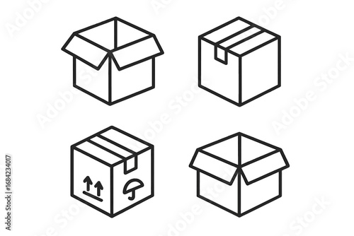 Packaging box outline icon set. Carton shipping container line art collection. Vector logistic delivery symbol. Fragile parcel for e-commerce, mail, post, and moving.