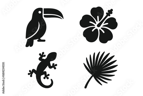 Tropical jungle icon set. Toucan bird, hibiscus flower, gecko lizard, and palm leaf silhouettes. Exotic flora and fauna glyphs for summer vacation, travel, and nature themes.