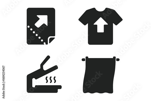 T-shirt printing solid icon set. Heat press machine, apparel transfer paper, and textile fabric roll glyphs. Garment customization and sublimation vector symbols collection.