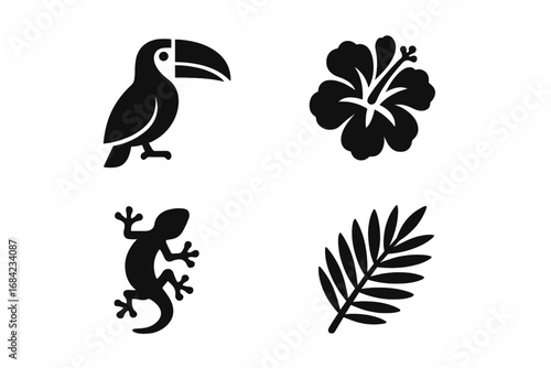 Tropical flora and fauna icon set. Vector glyphs of jungle wildlife. Toucan bird, hibiscus flower, gecko lizard, palm leaf. Exotic nature, animal and plant silhouettes.