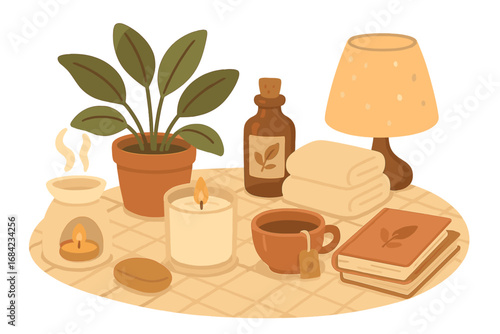 Cozy hygge illustration of self-care items for wellness and mindfulness. Home spa scene with aromatherapy, candle, tea, and book for a relaxing routine. Vector cartoon.