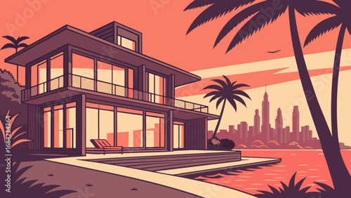 Modern Waterfront House with City Skyline at Sunset.