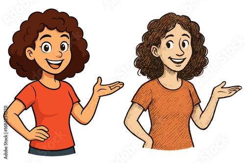 Friendly woman character with curly hair, vector and sketch style set. Presenter mascot for explainer or presentation. Girl welcoming, showing, pointing. Versatile character design.