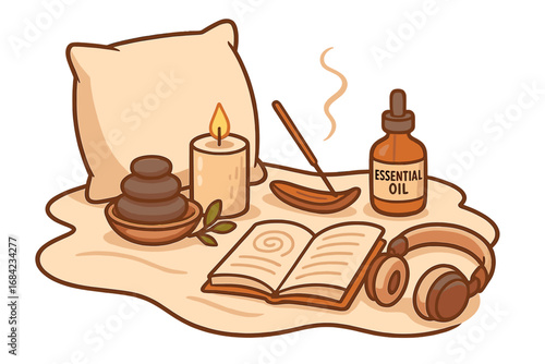 Relaxing wellness setup for mindfulness and self-care. Cozy aromatherapy session with essential oil, candle, hot stones, incense. Vector for meditation, spa, and hygge concept.