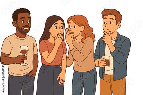 Friends group whispering secrets and gossiping. Woman telling secret rumor to shocked friend. Diverse people at social party gathering. Cartoon vector illustration concept.