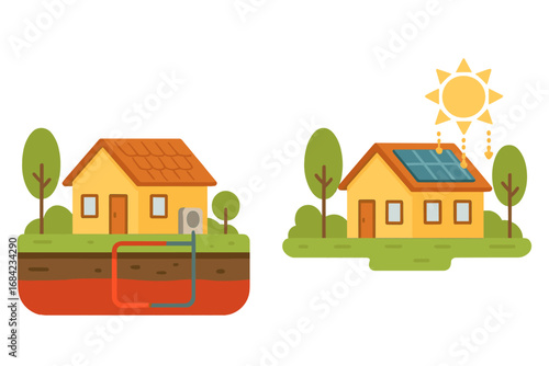 Geothermal ground source heat pump heating system. Solar panel energy generation on house roof. Eco friendly home. Renewable, sustainable, green electricity. Vector concept.