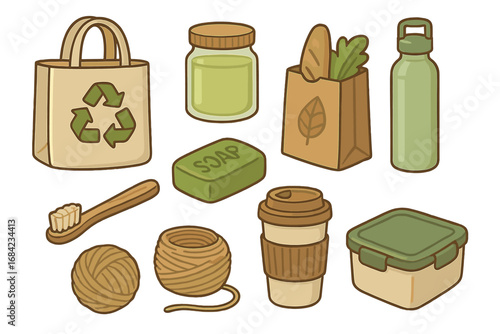 Eco-friendly daily life tools and containers vector cartoon illustration, reusable shopping bags, bamboo toothbrush, natural soap, glass jar, eco water bottle, sustainable living set