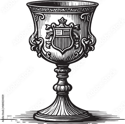 Elegant engraved goblet illustration of ancient times with an ornate crest design ideal for decorative or symbolic purposes and projects