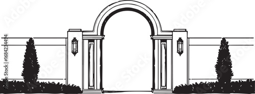 Elegant entrance gate design with archway trees and ornate lighting for architectural illustration projects or landscaping plans showcasing luxury and sophisticated outdoor spaces