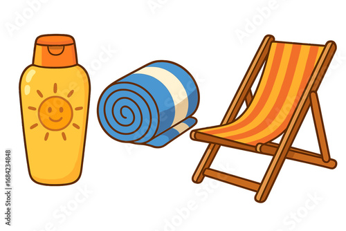 Summer beach essentials. Cartoon vector icons of sunscreen lotion, rolled striped towel, and a deck chair. Sunbathing accessories for vacation, holiday, and seaside travel.