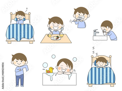 A young boy's daily routine, illustrated in a series of simple cartoon panels showing waking, eating, hygiene, dressing, bathing, and sleeping.
