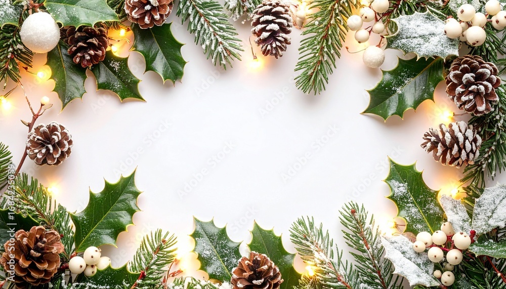 Fototapeta premium 輝くクリスマスデコレーション：雪の結晶とホーリーの葉Generated image