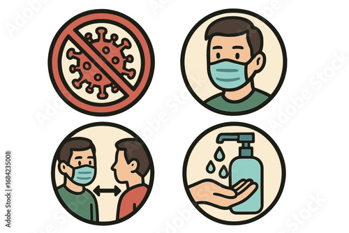 Health and safety icons for pandemic prevention. Coronavirus measures: wear face mask, social distance, wash hands. Covid-19 protection symbols vector illustration set.