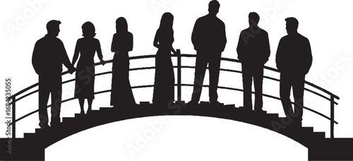 Group of People Silhouettes Standing on an Arched Bridge