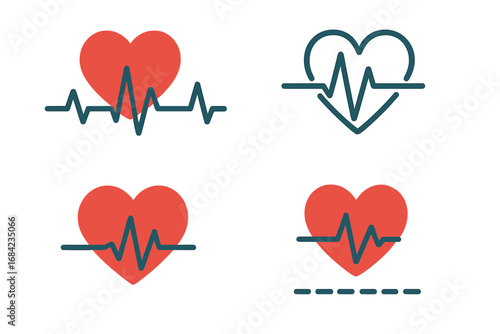 Heartbeat line vector icon set. Heart pulse monitor with cardiogram signal. ECG, EKG symbol. Health, medicine, cardiology concept. Red heart graphic for medical app or website.