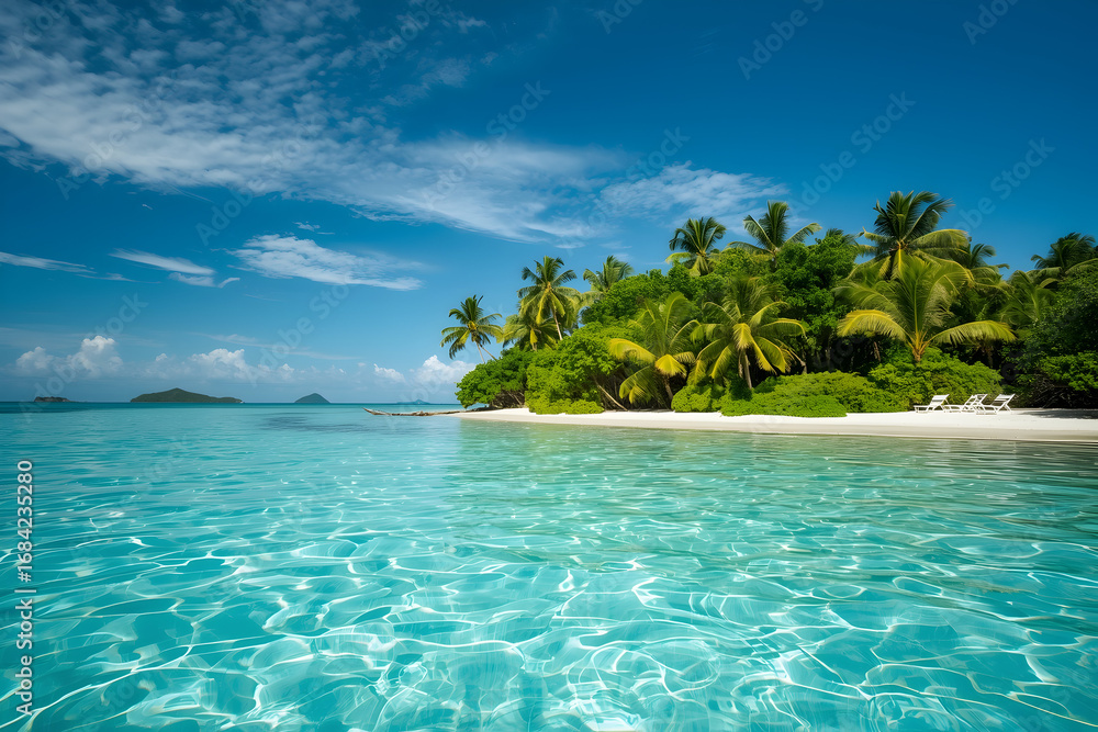 Fototapeta premium Secluded paradise island with azure waters and lush tropical vegetation, inviting relaxation