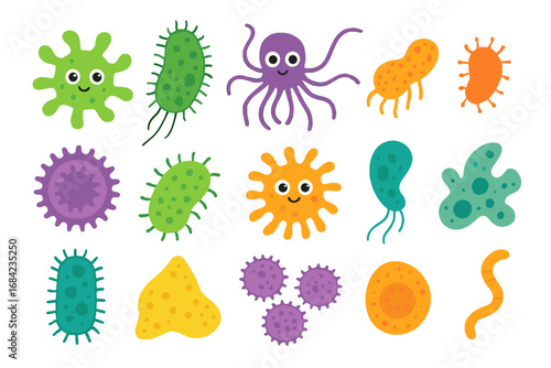 Cute cartoon germs vector set. Funny bacteria, virus, and microorganism characters. Kawaii microbe monsters collection. Biology science flat design illustration isolated.