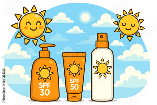 Sunscreen set with SPF 30 and 50. Sun protection products. Summer skincare concept with cute sun characters. Vector cartoon illustration of sunblock lotion, spray, and cream.