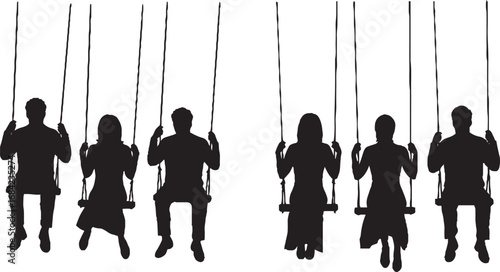 Black and White Silhouettes of People on Swings Vector Art