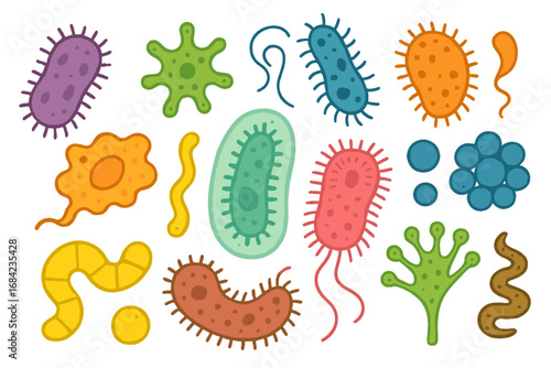 Microorganism vector icon set. Cartoon bacteria, germs, virus, protozoa. Biology science illustration. Cute microbe, pathogen, amoeba, and bacillus microscopic life forms.