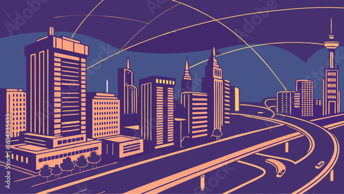 Night Cityscape Urban Skyline Modern Architecture Elevated Highway City at Dusk Vector Illustration Graphic Design City Background Buildings Road Transportation Evening City Urban Landscape Nighttime.