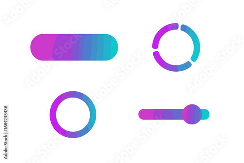 Vibrant gradient UI elements for web and app. Modern vector icon set includes button, loading spinner, progress bar, and slider for UX design. User interface components.