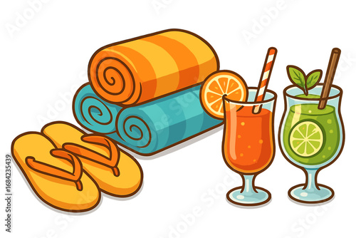 Summer beach essentials set. Flip flops, rolled towels, and refreshing tropical juice. Vacation holiday concept. Travel accessories. Cartoon vector illustration isolated.