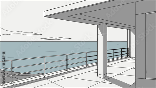 Ocean View from Balcony Minimalist Line Art Illustration Modern Architecture Coastal Design.
