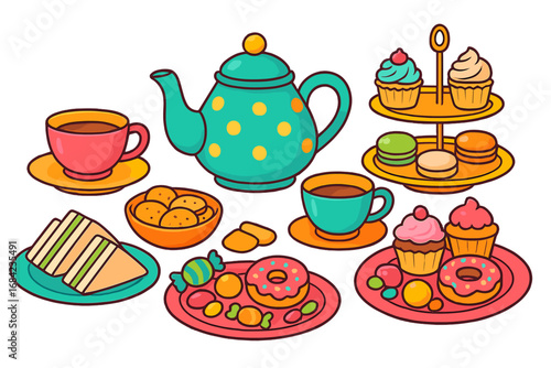 Vector cartoon illustration set for a tea party. Colorful collection of sweets, cakes, and snacks. Teapot, cups, cupcakes, donuts, macarons, and sandwiches for a celebration.