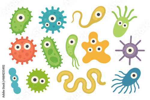 Set of cute cartoon germs, bacteria, viruses and microbes. Microbiology for kids. Funny characters in flat style. Collection of microscopic pathogens. Biology science vector.