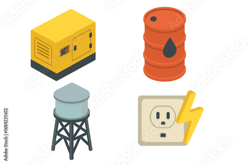 Isometric utility icon set. Power generator, diesel fuel barrel, water tower, electric socket. Energy and resources vector symbols for industry, construction, backup supply.