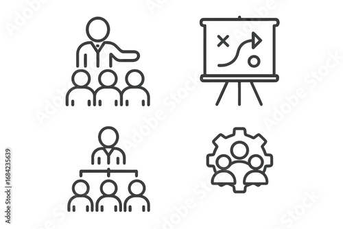 Business leadership line icon set. Icons for concepts like meeting, strategy, organization, teamwork, and management. Vector collection for corporate presentation or infographics.