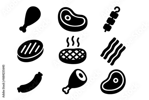 Meat and steak solid icon set for barbecue. BBQ glyph collection with grilled beef, pork, chicken leg, bacon, and sausage. Butcher shop food symbols for restaurant menu.
