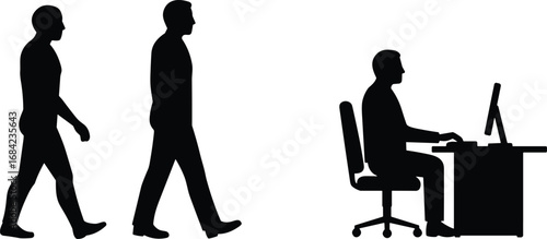Modern Human Evolution from Walking Man to Office Worker Sitting at Computer Desk, Concept of Digital Work Life Transition