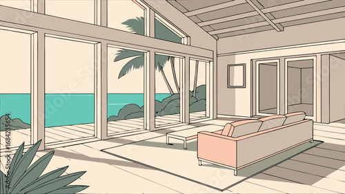 Ocean View Living Room Interior Design Illustration Tropical Home Decor Coastal House Modern Apartment Seaside Relaxation Minimalist Style Calm Atmosphere Vacation Rental Summer Getaway Beachfront Pr.