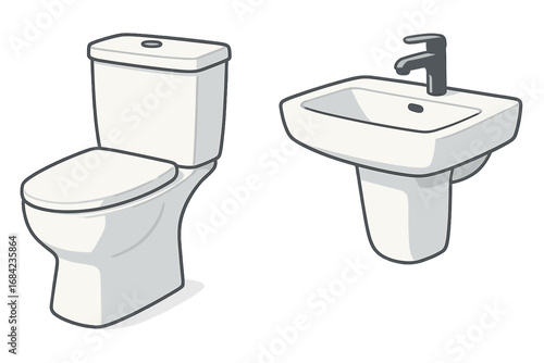 Modern bathroom furniture set with toilet and sink. Vector illustration of sanitary ware fixtures. Minimalist restroom design elements. White ceramic washbasin and WC icon.