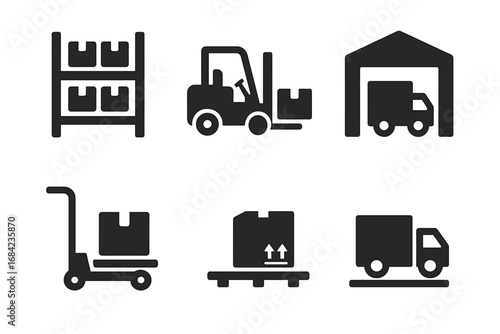Warehouse logistics solid glyph icon set. Vector symbols for distribution center, storage, inventory. Includes forklift, delivery truck, pallet jack, racks, and shipping concept.