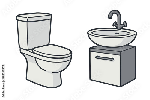 Modern bathroom fixtures set. Vector cartoon illustration of a sleek toilet and stylish sink with cabinet. Minimalist interior design elements. Sanitary ware collection.