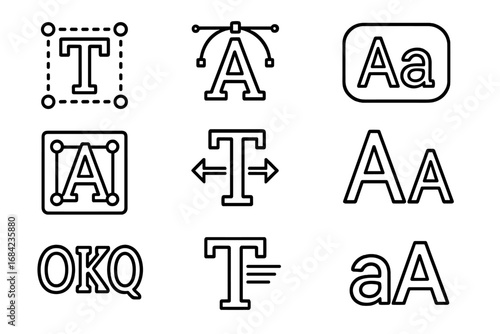 Typography line icon set. Font and text editing symbols. Vector graphic design elements for UI. Alphabet, type, kerning, and scaling tools. Outline letter collection.