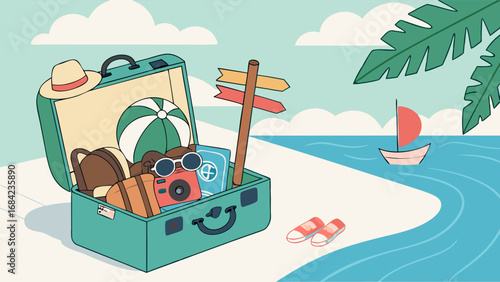 Open Suitcase Packed for Summer Beach Vacation Ocean View Travel Illustration.