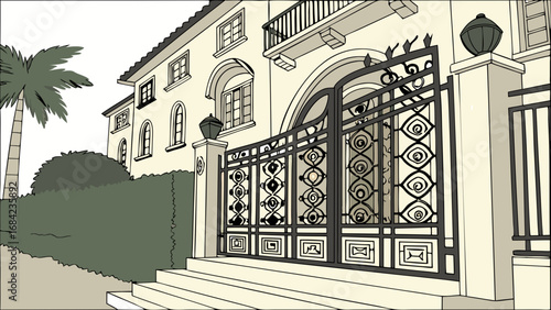 Ornate Gate Entrance to a Mediterranean Style House Architectural Illustration Luxury Home Design.